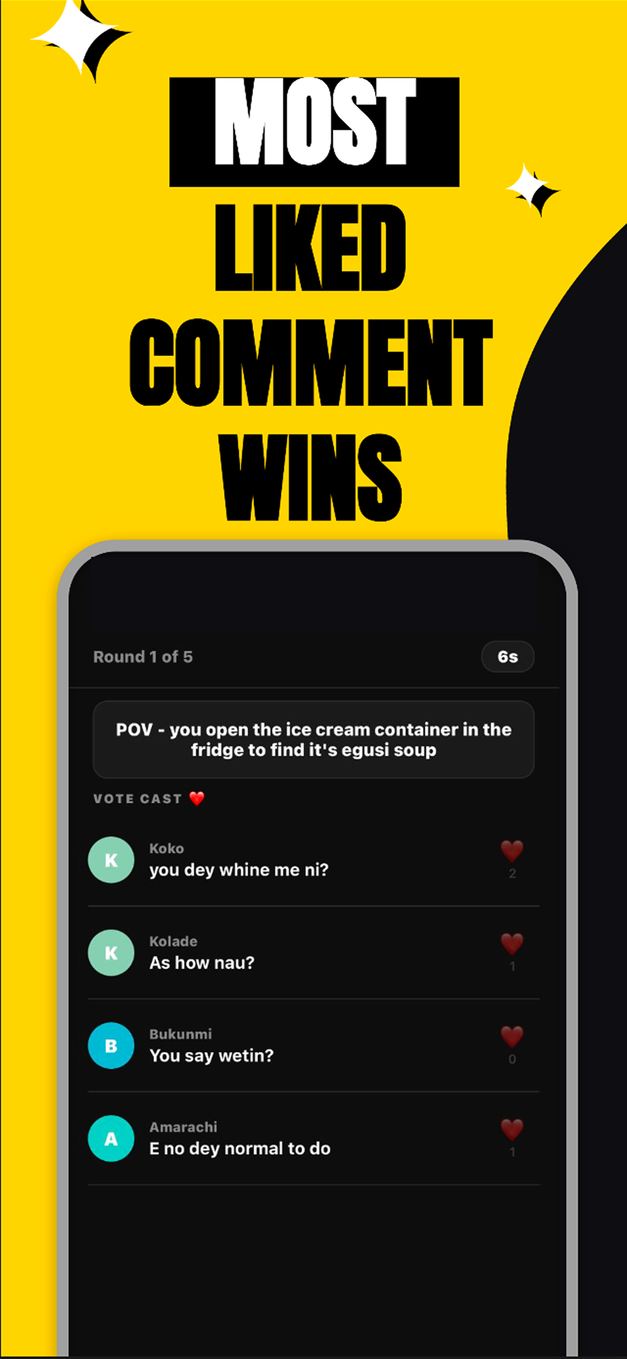 Comment Section mode: Most Liked Comment Wins, showing a POV prompt and player responses
