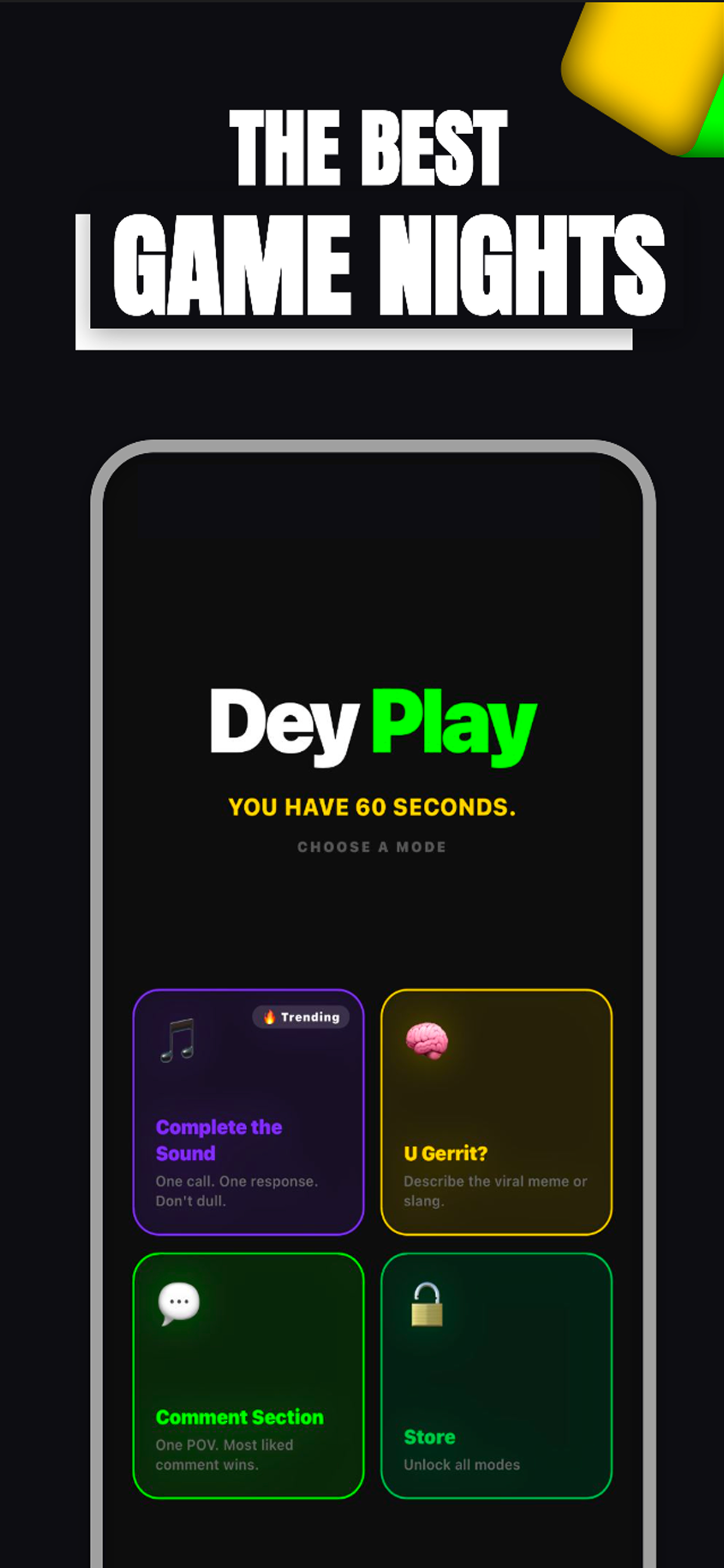 Dey Play home screen showing all four game modes: Complete the Sound, U Gerrit?, Comment Section, and Store