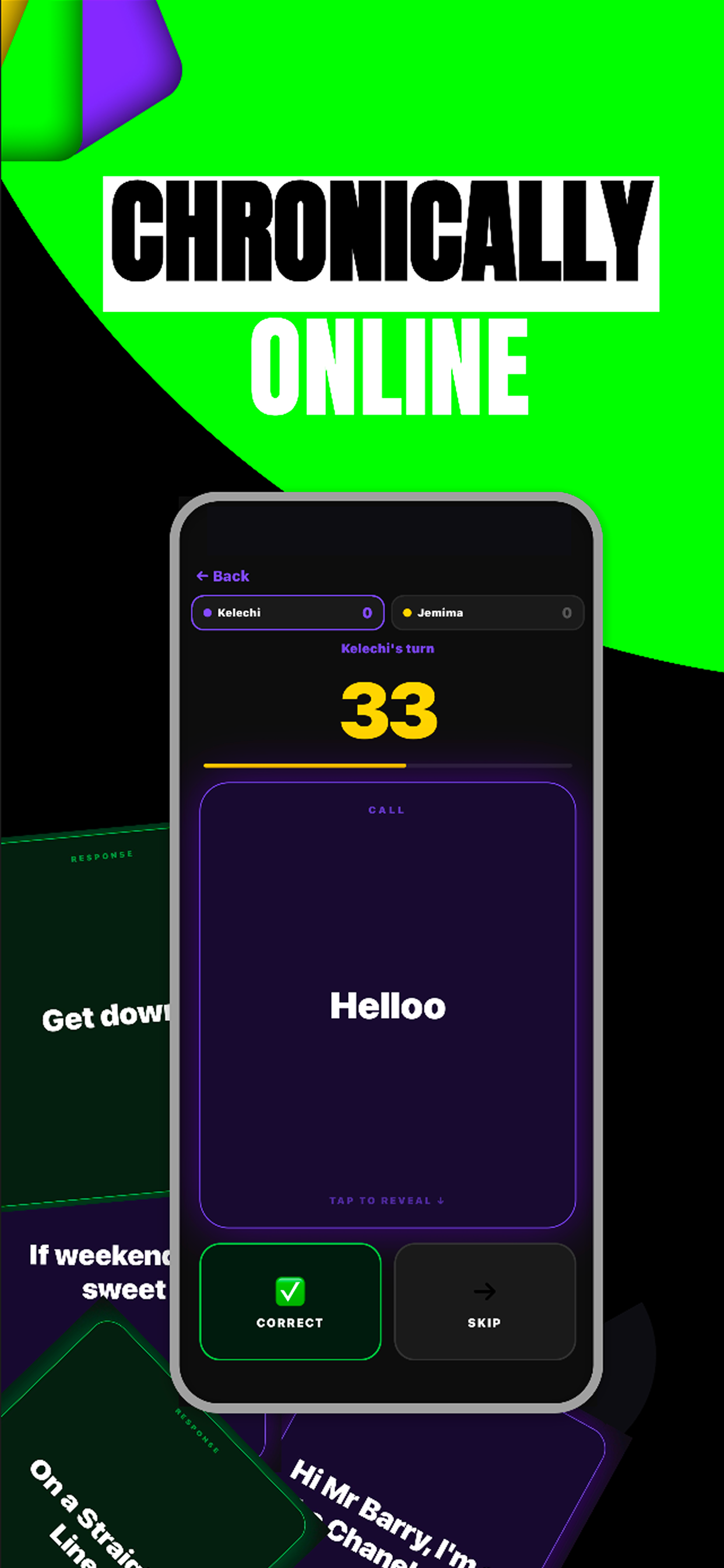 U Gerrit? mode in active head-to-head play with Correct and Skip buttons